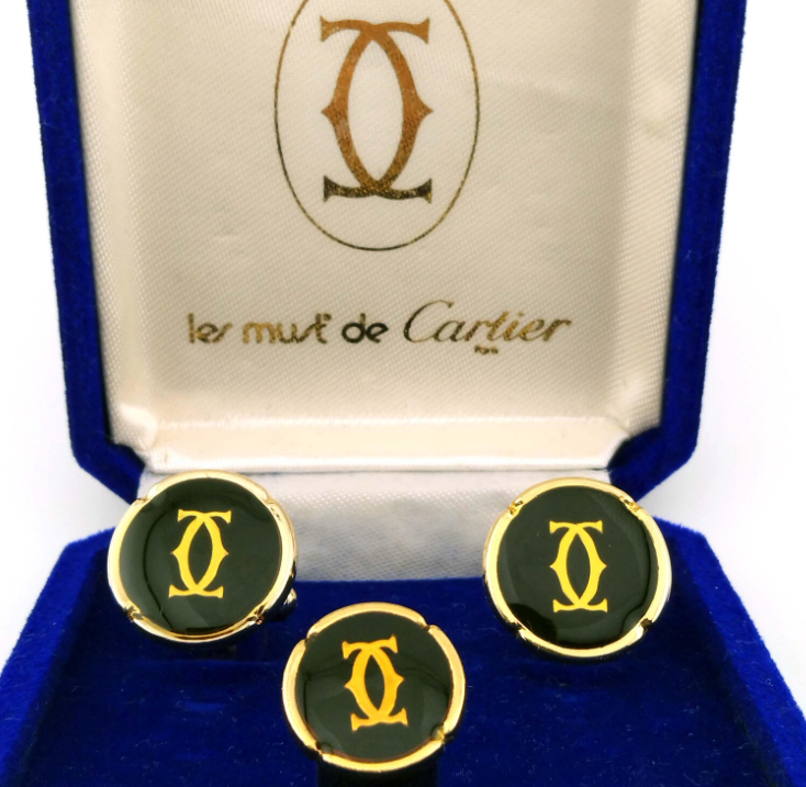 Набор из запонок и булавки для галстука Les Must de Cartier, винтажные мужские аксессуары 1970-х годов